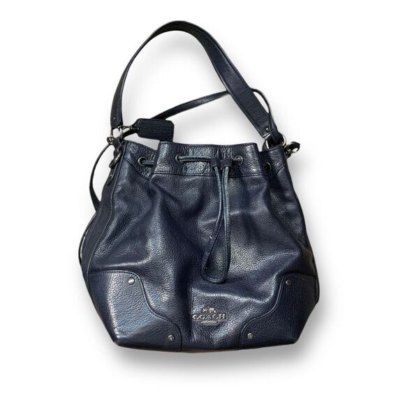 Coach Mickey Drawstring NavyBlue Pebbled Leather Bucket Convertible Shoulder Bag - Picture 3 of 15